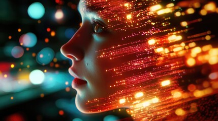 Poster - A woman engaged with a vibrant, futuristic digital interface, with bright pixels and light trails representing advanced digital interactions