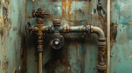 Poster - Clear view of a pipe connection in a plumbing system with an attached hose and valve, captured in a utility room environment