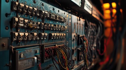 Poster - Close-up of the interior of an electrical control cabinet, displaying a complex array of wires and components crucial for industrial building functions