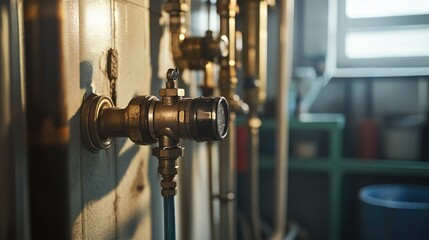 Poster - Detailed view of a pipe connection in a plumbing system, showcasing a visible hose and valve in a well-organized utility room