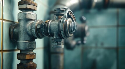 Poster - Detailed view of a pipe connection in a plumbing system, showcasing a visible hose and valve in a well-organized utility room