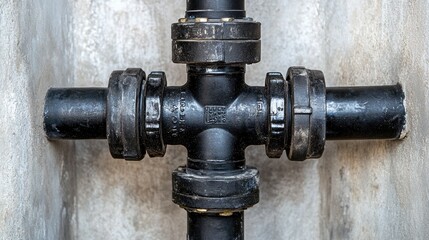 Poster - Detailed view of a pipe connection in a plumbing system, showcasing a visible hose and valve in a well-organized utility room