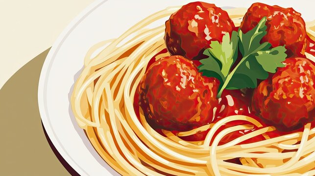 Cartoon-style spaghetti icon with meatballs and a rich marinara sauce.