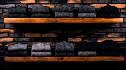 Poster - Neatly arranged sweaters on wooden shelves against a rustic stone wall, showcasing a cozy and stylish display