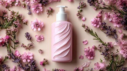 Poster - Pink Lotion Bottle Surrounded by Delicate Purple and Pink Flowers