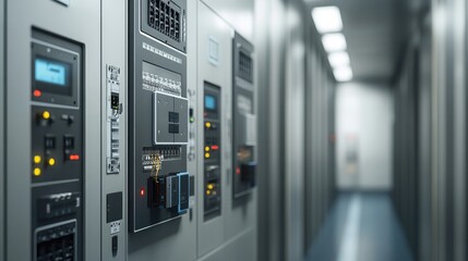 Poster - Industrial electrical control cabinet with complex wiring, illustrating the detailed setup and advanced technology used for commercial building applications
