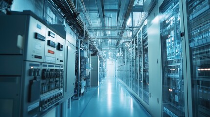 Poster - Interior view of an electrical control cabinet, featuring complex wiring systems designed for industrial applications in a commercial building setting