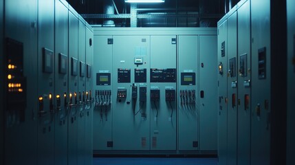 Poster - Interior view of an electrical control cabinet, featuring complex wiring systems designed for industrial applications in a commercial building setting