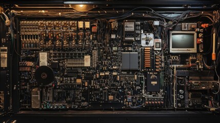 Poster - Intricate wiring setup within an electrical control cabinet, focusing on the organization and advanced components for industrial and commercial use