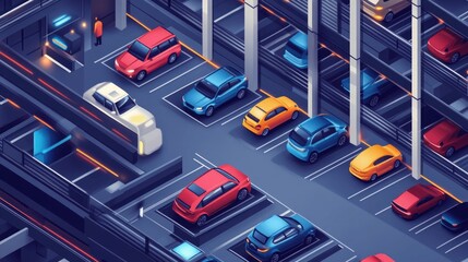 Poster - Isometric design of a spacious parking garage with well-organized sections, showcasing parked cars on different levels for space optimization