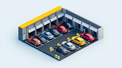Poster - Isometric design of a spacious parking garage with well-organized sections, showcasing parked cars on different levels for space optimization