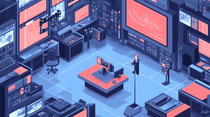 Poster - Isometric design of a TV newsroom studio, with a newscaster presenting live news, surrounded by cameras, screens, and broadcast equipment