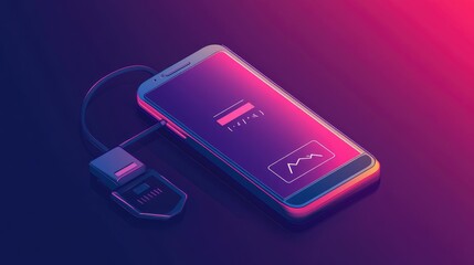 Aufkleber - Isometric vector of a smartphone with a charger adapter, showing a low battery warning as it charges, representing the digital age and smartphone addiction