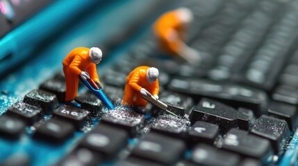 Poster - Miniature characters meticulously cleaning dust off a computer keyboard with tiny tools, adding charm and creativity to the idea of office maintenance