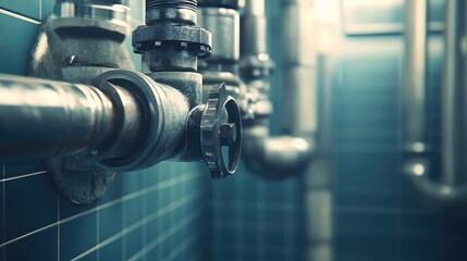 Poster - Pipe connection with a hose and valve visible in a utility room, emphasizing the plumbing system setup for maintenance or installation purposes