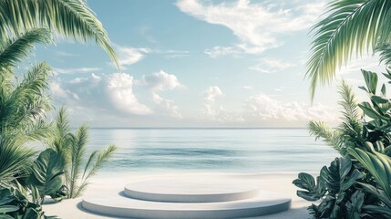 Poster - Serene beach scene with rich tropical foliage and a minimalist platform, set against a bright sky and the calm ocean horizon, perfect for relaxation