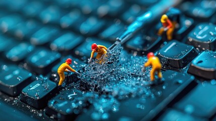 Poster - Tiny workers scrubbing a keyboard with miniature tools, ensuring a clean workspace in a fun and imaginative way, creating a playful office scene