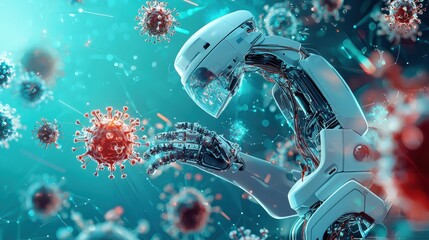 Aufkleber - Futuristic robotic arm analyzes hmpv virus particles in a high-tech lab environment from a scientific perspective