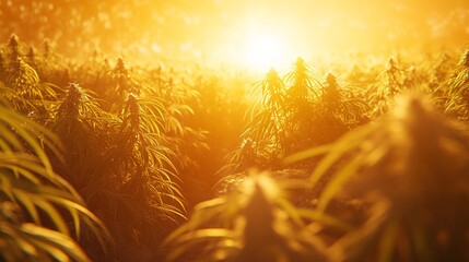 Wall Mural - Sunset over a lush cannabis field, showcasing vibrant green plants bathed in golden light.