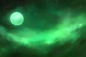 Sticker - Green Moon Illuminates the Night Sky with Stars and Nebulae in Ethereal Glow