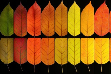 Wall Mural - Autumn Leaves Gradient: Close-up of autumn leaves transitioning from deep red to vibrant orange and yellow