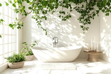 Wall Mural - Serene White Bathroom with Lush Plants