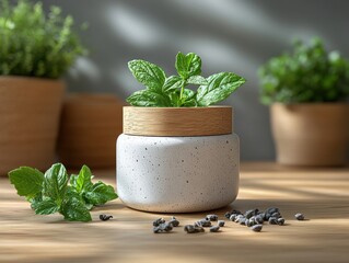 Poster - Fresh Green Mint Plant in Modern Pot with Herbs in Soft Light