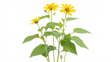 Wall Mural - Vibrant yellow flowers on sturdy green stems, showcasing nature's beauty against a bright white background.