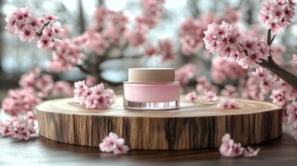 Poster - Delicate Pink Cream Jar Surrounded by Blossoming Cherry Flowers