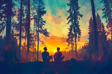 Canvas Print - Two Figures Sit in a Forest Clearing, Watching a Vibrant Sunset Through the Trees.