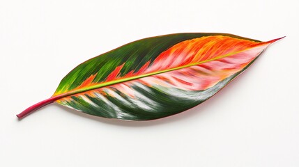 Wall Mural - A vibrant, large leaf showcasing hues of green, orange, and pink against a clean, white background.