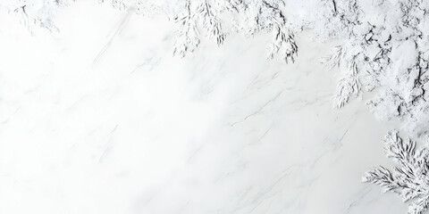 Sticker - White Snowy Pine Branches Frame a Marble Background Elegantly and Festively for Winter Season Design.