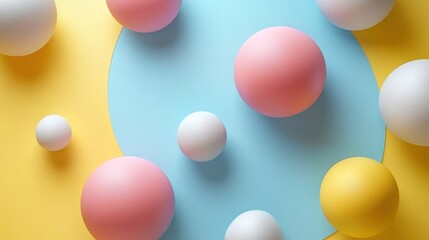 Wall Mural - Colored balls on yellow background with light blue center for use as display.