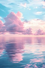 Wall Mural - Pink and blue clouds reflecting in the ocean, beautiful, calm, dreamy, with soft colors, peaceful. 