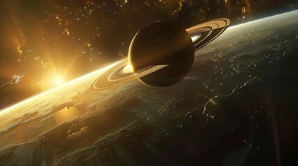 Wall Mural - A stunning digital depiction of Saturn with its rings, illuminated by a distant sun.