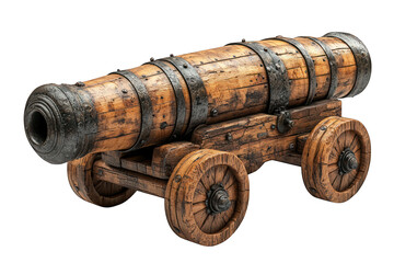 A wooden cannon mounted on wheels, historically used for warfare and artillery.