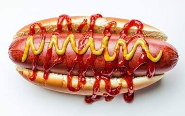 A creative hot dog with an American football instead of a sausage, covered in ketchup and mustard, isolated on bright white background