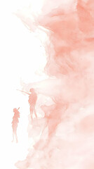 Sticker - Two Silhouettes Stand Before a Soft, Peach-Colored Watercolor Wash Background, Creating a Dreamlike Scene.