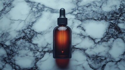 Poster - Amber Glass Dropper Bottle on Marble Surface with Soft Shadows