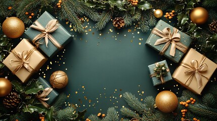 Wall Mural - New Year vertical top view display Handcrafted gifts, a fir ornament, mistletoe, and shimmering gold confetti set on a green backdrop ready for your advertising message.