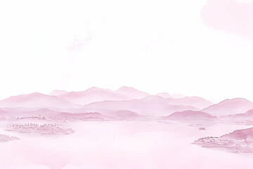 Sticker - Pink Watercolor Landscape Shows Mountains and Water with Soft, Dreamy Tones Beautifully.