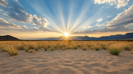 Sticker - stunning sunrise over desert landscape with rays of light shining