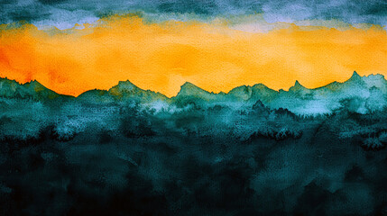 Sticker - Sunset Mountain Watercolor Landscape Painting: Vibrant Colors and Serene Scenery