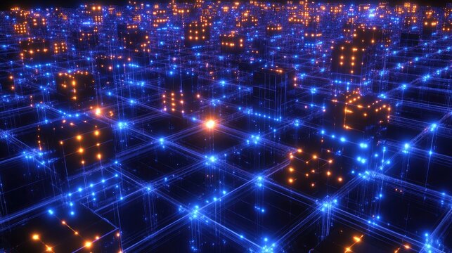 A conceptual D rendering of blockchain blocks floating in space, connected by glowing light beams.