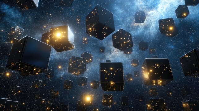 A conceptual D rendering of blockchain blocks floating in space, connected by glowing light beams.