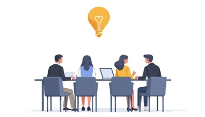 Poster - brainstorming team: four business professionals collaborating on a new idea