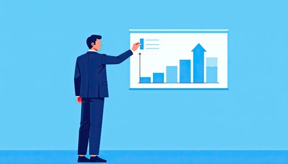 Poster - Businessman presenting upward trending bar graph on a whiteboard