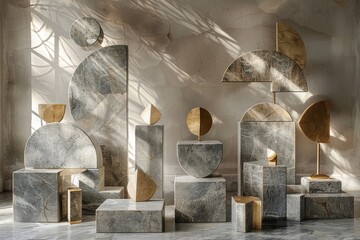 Wall Mural - Minimalist composition of geometric shapes in marble and gold leaf, exuding elegance.