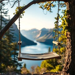 Wall Mural - Wooden swing hanging on green tree branch with mountain valley and lake view on blue sky