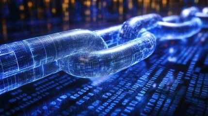 Poster - A glowing digital blockchain on a dark background, with blocks interconnected by secure encrypted paths.